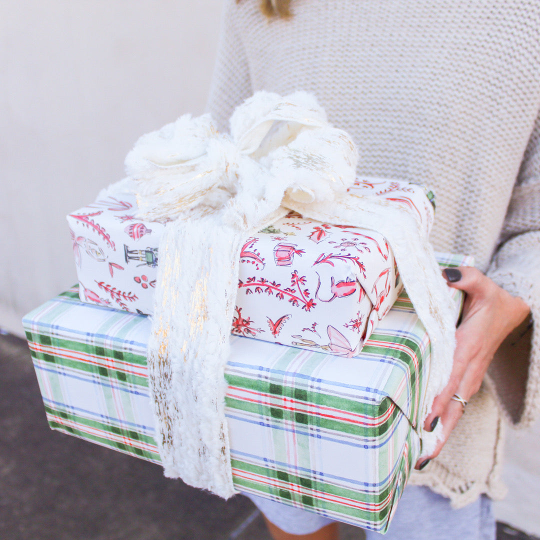 Caspari Gift Wrap - Club Stripe Red/Green Reversible