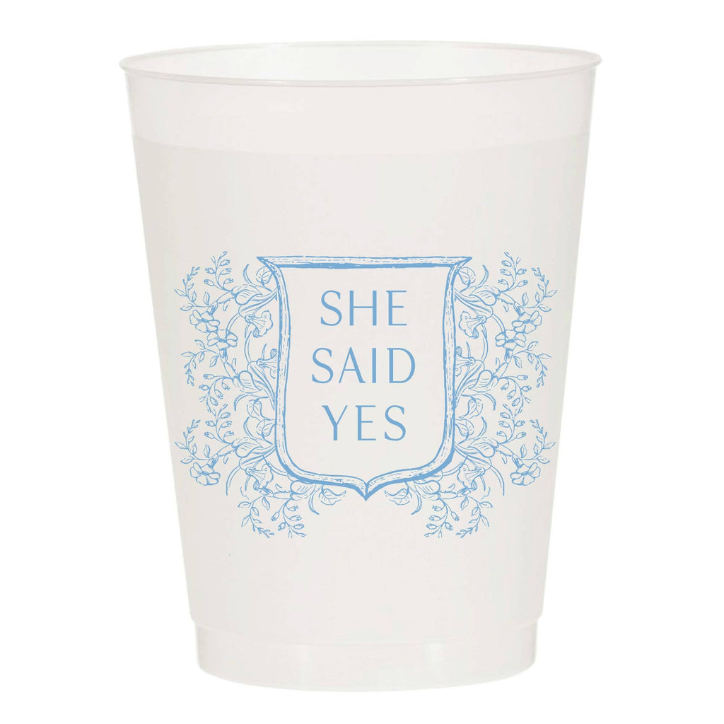 She Said Yes Blue Crest Frosted Cups