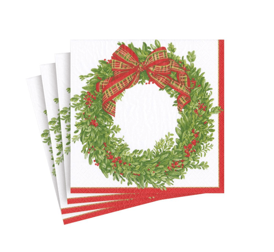 Caspari Christmas Boxwood Wreath Beverage Napkins