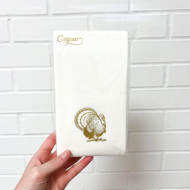 Caspari Thanksgiving Gold Foil Turkey Guest Towel / Dinner Napkin