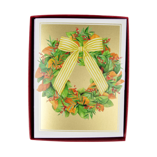 Caspari Christmas Magnolia Wreath w Striped Bow Cards