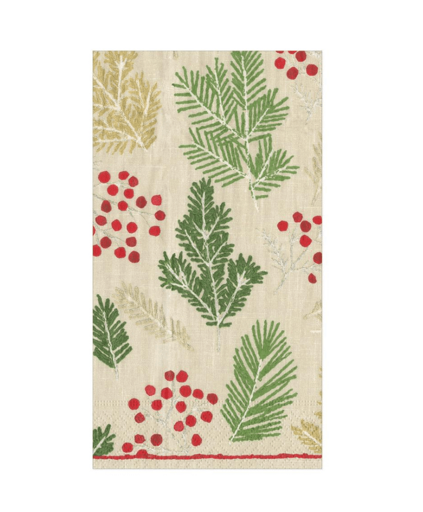 Caspari Christmas Sprigs Berries Linen Guest Napkins