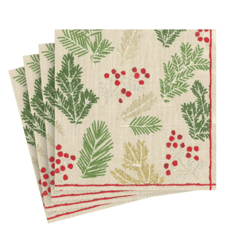 Caspari Christmas Sprigs Berries Linen Luncheon Napkins