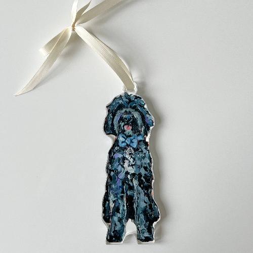 Art Goldendoodle Black with blue bow Ornament 