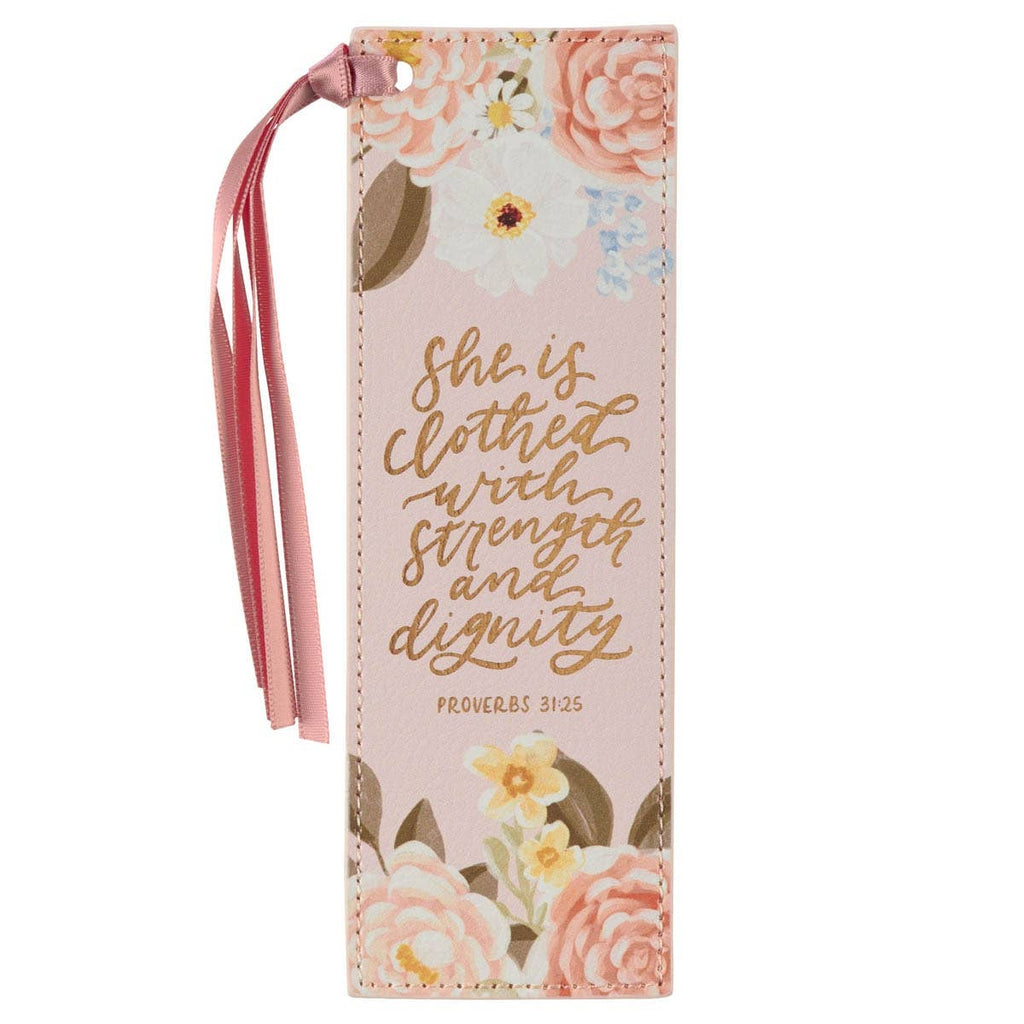 Christian Art Gifts Bookmark Faux Leather Pink Strength & Dignity Prov. 31:25