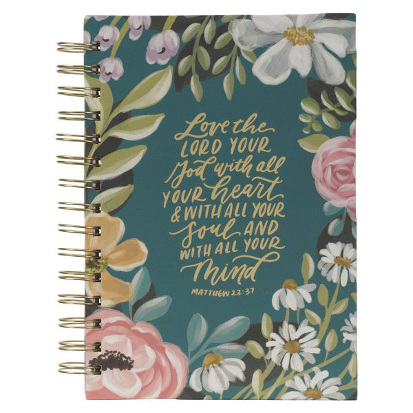 Christian Art Gifts Journal Wirebound Teal Floral Love the Lord Matt. 22:37