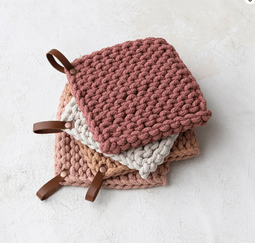 Creative Co-op Accessories Crocheted Pot Holder w Leather Loop (choose color)