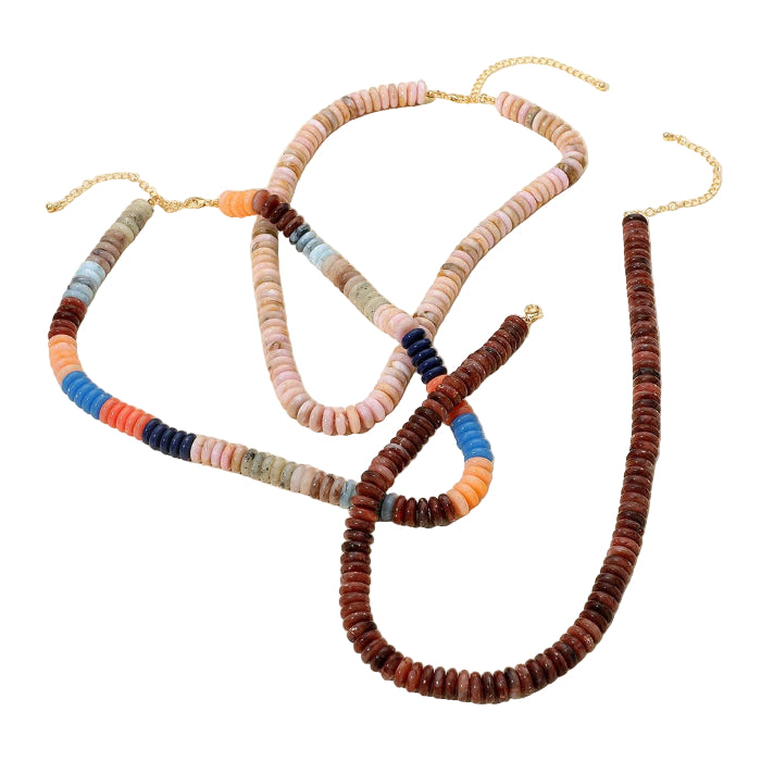 Gold,Neutral Flat Resin Disc Beaded Necklace