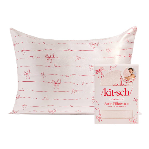 KITSCH Holiday Satin Pillowcase in Striped Bows