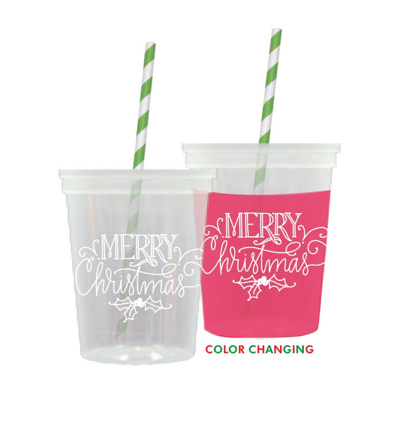 Natalie Chang COLOR CHANGING w. Lids + Straws | WHITE Ink (6 per package) Merry Christmas w. Holly | Christmas Cups & Napkins (ALL)