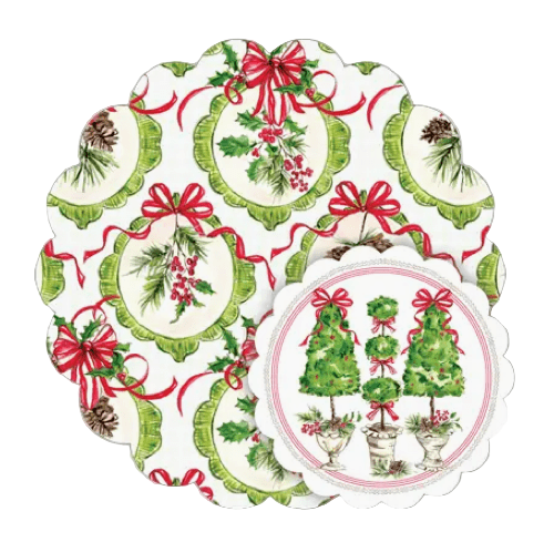 Rosanne Beck Holly, Pine Cones and Bows Topiary Trio Doily Set