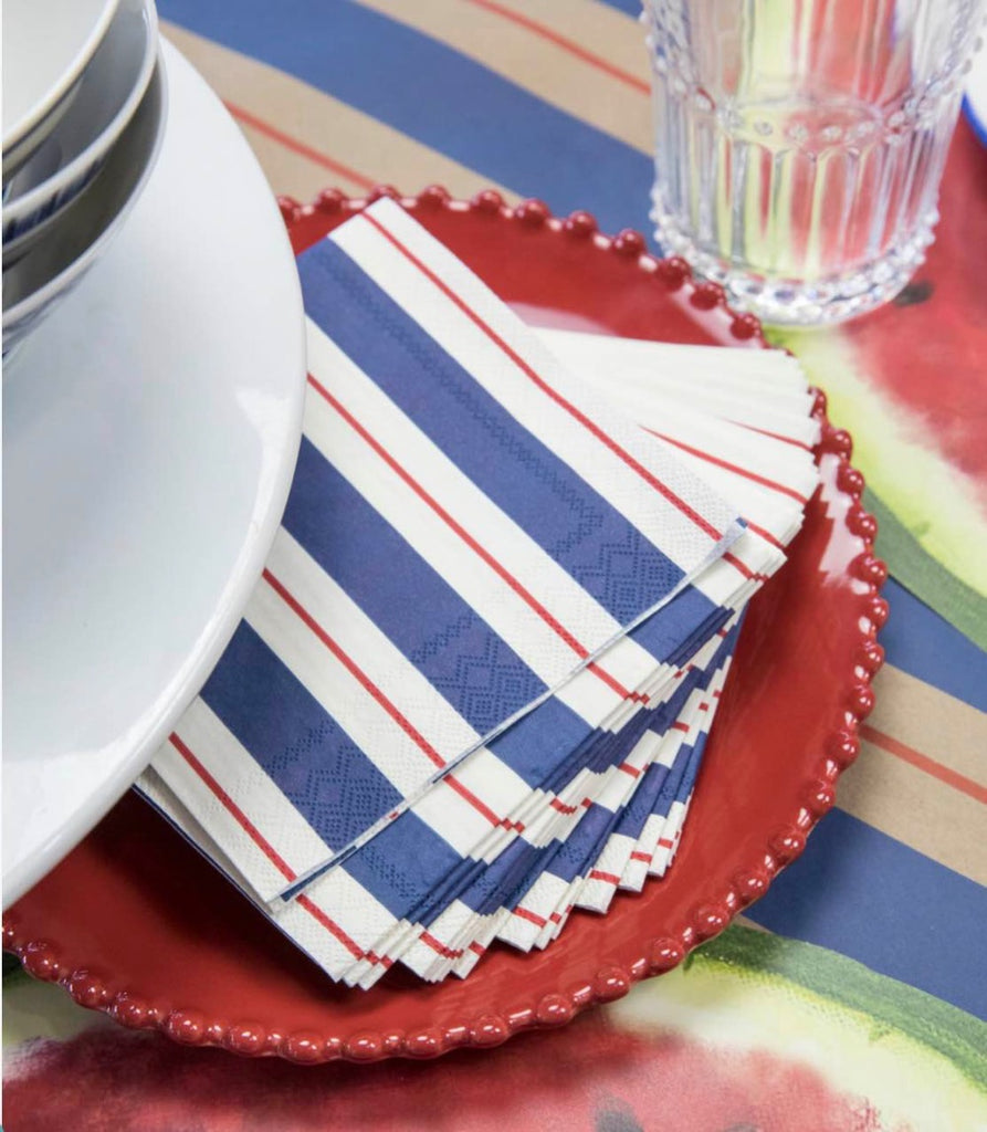 Navy and Red Awning Stripe Cocktail Napkin