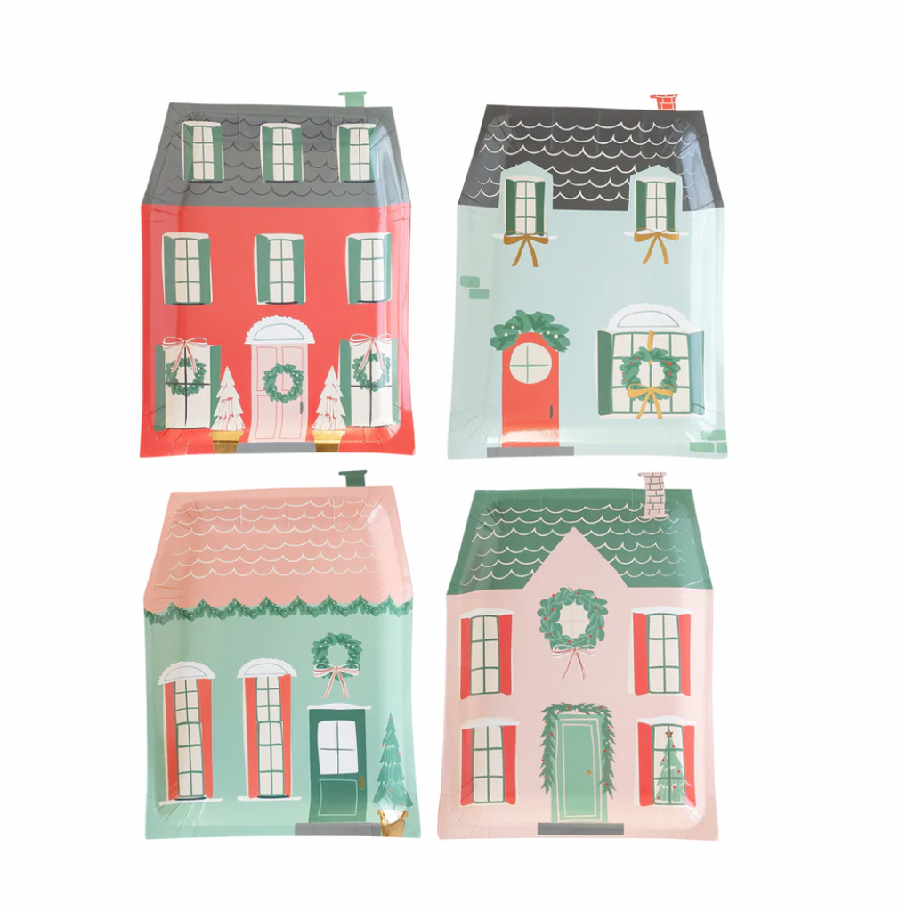 Village Christmas House Plate (Pink Red Aqua)